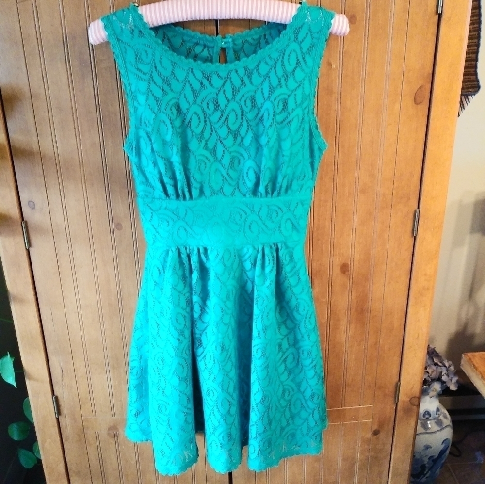 B. Darlin Teal Lace Semi Formal. Mini Dress